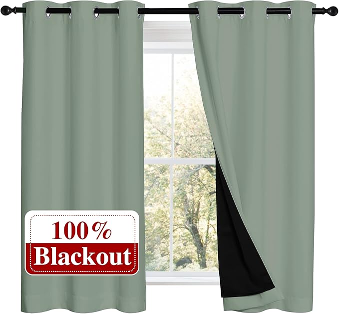 NICETOWN 100% Blackout Curtains 54 inches Long, Double-Deck Completely Blackout Window Treatment Thermal Insulated Lined Drapes for Small Window (Greyish Green, 1 Pair, 42 inches Width Each Panel) by NICETOWN