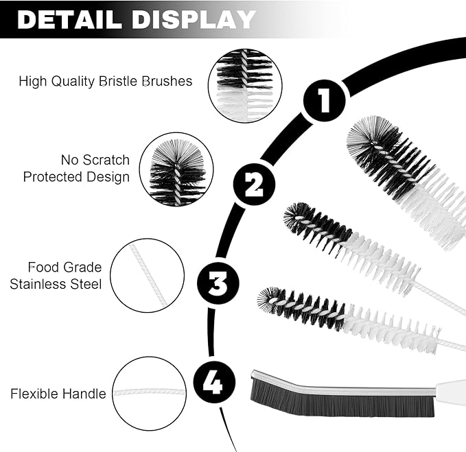 4 Pack Bottle Cleaning Brush Set with Built-in Tweezer – Flexible Long Handle Brushes (15.75"/14.17"/10.24") + 3.94" Hard Bristle Gap Brush for Narrow Bottles, Cups, Tubes, and Lids - Image 3