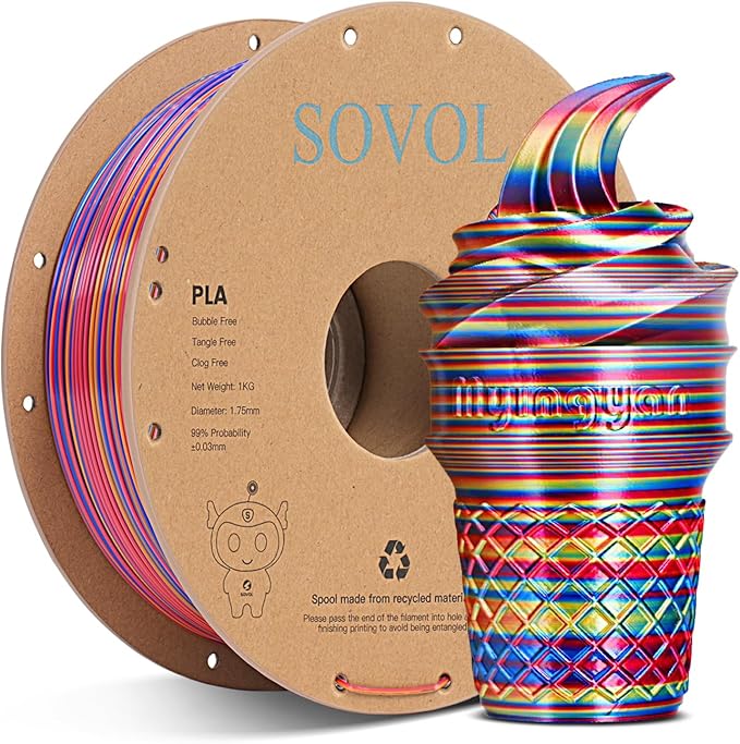 Sovol Silk PLA Filament Rotated Tri Color Co-Extrusion 1.75mm, Fast Change 3D Printer Filament 1kg/ 2.2lbs, Red Gold Blue 3 in 1 Coextrusion PLA Material +/-0.03mm by Sovol