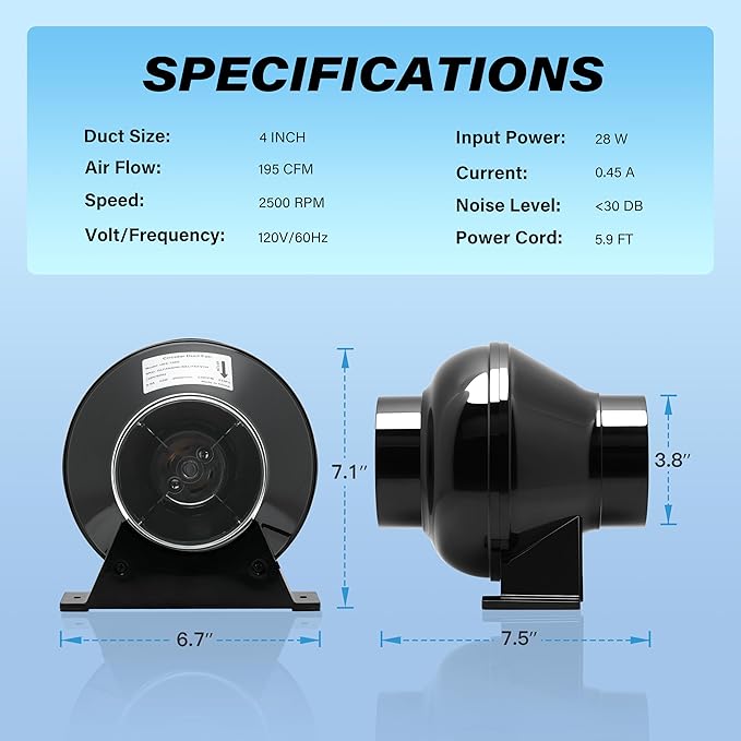 HealSmart 4 Inch 195 CFM Exhaust Inline Duct Fan Quiet Vent Booster Blower for Indoor Grow Tent Hydroponics Ventilation, Black - Image 6