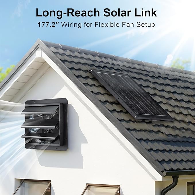 GROWNEER Solar Powered Exhaust Fan, 30W Solar Panel+12" High Speed Solar Powered Fans with Power Adapter, Waterproof Solar Fan with Bracket for Shed, Chicken Coop, Greenhouse, Attic - Image 5