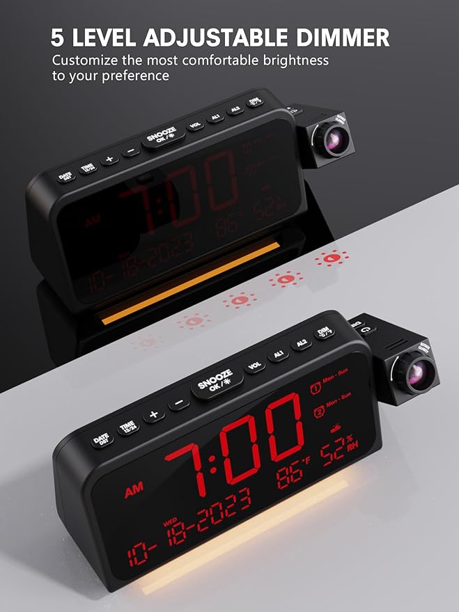 Projection Alarm Clock for Bedroom Ceiling, Digital Clock Projector with Weekday/Weekend Mode, Date, Temperature, Humidity, Type-C USB Charger, Night Light, Dual Alarms, DST, Dimmer,12/24H - Image 6