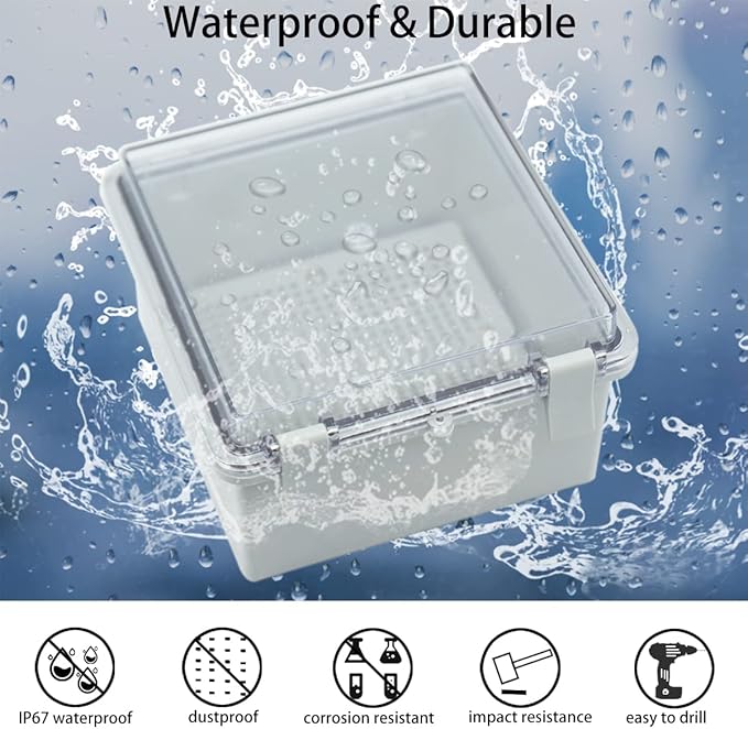 Junction Box, Hinged Clear Cover IP67 Waterproof ABS Project Box with 2 NPT 1/2" Cable Gland, Electrical Box Enclosure with Mounting Plate & Wall Bracket 5.9 x 5.9 x 3.5inch(150x150x90mm) - Image 2