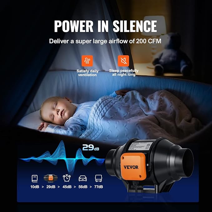 VEVOR Inline Duct Fan, 4-Inch 200 CFM with Variable Speed Controller, Quiet AC-Motor Ventilation Exhaust Fan for Cooling Booster, Grow Tents, Hydroponics - Image 4