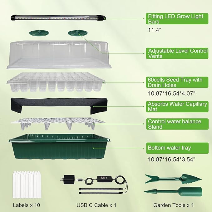 TONYFUL Seed Starter Tray with Grow Light, 60-Cell Seed Starter Kit with 4.07” Humidity Dome, Indoor Seedling Starter Tray, Seed Starting Tray for Plant Germination, Seeds Growing - Image 3