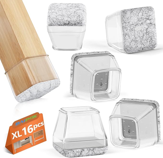 16Pcs Square Chair Leg Floor Protectors with Thickened Felt Pads Silicone Chair Leg Covers Caps to Protect Hardwood Tile Floors Furniture Feet Reduce Noise (Clear XL Fit 1.46"-1.77") by BAIPOK