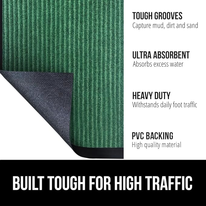 GORILLA GRIP Waterproof Traffic Guard Door Mat, 60x36, Heavy Duty Entryway Mats, Strong Backing Commercial Utility Rugs for Office Hallway, Garage Floor and Home, Low Profile Carpet Runner, Green - Image 2