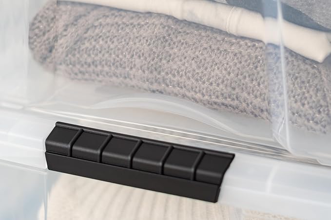 IRIS USA 40 Qt Stackable Plastic Storage Bins with Lids, 4 Pack - BPA-Free, Made in USA - See-Through Organizing Solution, Latches, Durable Nestable Containers, Secure Pull Handle - Clear - Image 6