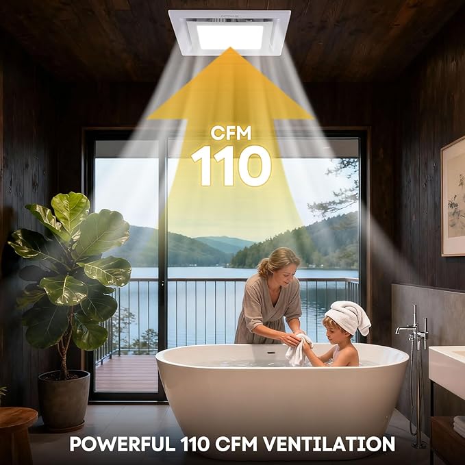 Bathroom Exhaust Fan with Light 10" Ultra Quiet 1.0 Sones,1000LM, 5CCT, Exhaust Fan Mounting Opening 8"x8" in 110CFM Bathroom Fan with Light Ceiling Mount for Home, Bath, Office - Image 9