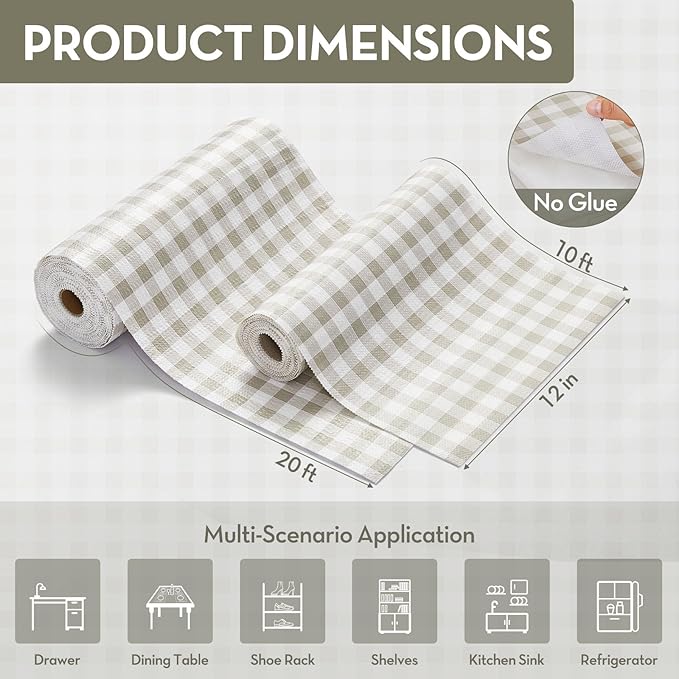 Drawer and Shelf Liner for Kitchen Cabinet Liner Non-Adhesive Non-Slip Shelf Thick Strong Grip Waterproof Contact Paper Easy to Clean for Shelves, Cupboard, Desks,Green Plaid,12IN X 10FT - Image 4