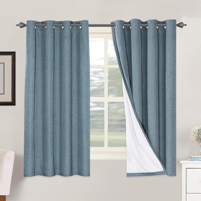 H.VERSAILTEX Linen Blackout Curtains 63 Inches Long 100% Blackout Thermal Insulated Textured Linen Look Curtain Draperies Anti-Rust Grommet, Energy Saving with White Liner, 2 Panels, Stone Blue by HVERSAILTEX