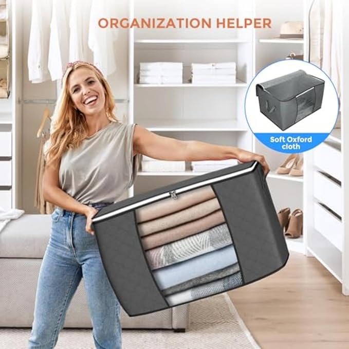 Budding Joy 90 L Large Storage Bags, 10 Pack Clothes Storage Bins Foldable Closet Organizers Storage Containers with Reinforced Handle for Clothing, Blanket, Comforters, Bed Sheets, Pillows (Gray) - Image 6