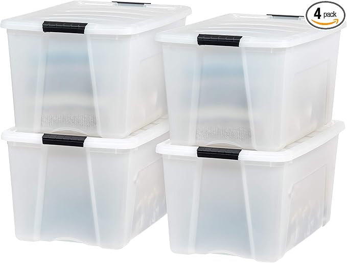 IRIS USA 72 QT Plastic Storage Box with Lid and Latches - 4 Pack - BPA-Free, Discreet Organizing Solution, Durable Nestable Stackable Containers, Secure Pull Handle - Pearl by IRISUSA