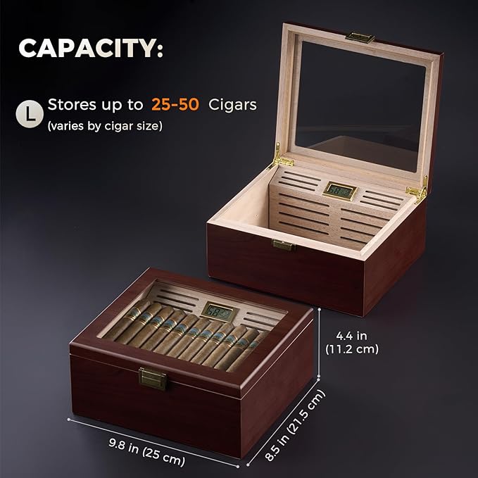 ProCase Wood Cigar Humidor Box, Wooden Desktop Cigar Storage Case, with Humidifier，Cedar Lining, Glass Top, Digital Hygrometer, Gift for Men Dad Boyfriend, Father's Day - Image 7