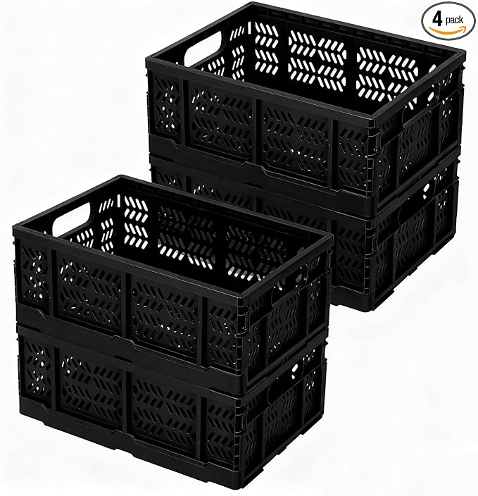 Heavy Duty Plastic Milk Crates for Storage, 4-Pack Stackable Storage Bins for Organizing, Collapsible Storage Basket with Handle for Groceries, Suitable for Home Office School Store, Black by PAG-Mass