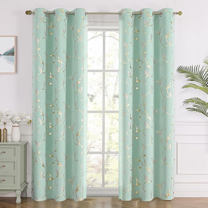 BUHUA Blackout Curtains Gold Foil Print Flower Vine Grommet Drapes, Room Darkening Thermal Insulated Curtains, Noise Reducing Blackout Curtain for Bedroom, Aqua, 38Wx72L, 2 Panels - Image 2