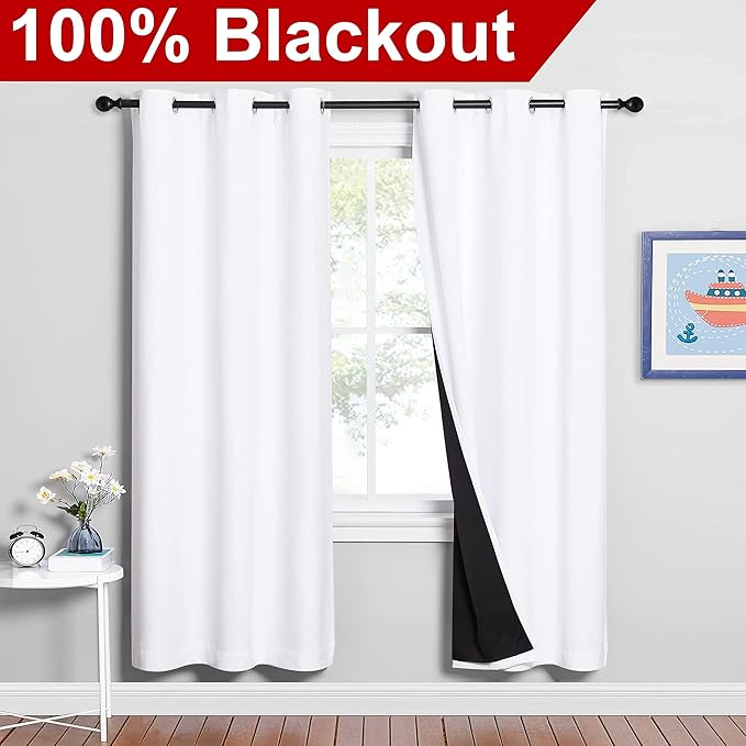 NICETOWN 100% Blackout Window Curtain Panels, Full Light Blocking Drapes with Black Liner for Nursery, 72-inch Drop Thermal Insulated Draperies (White, 2 Pieces, 42-inch Wide Per Panel) - Image 2