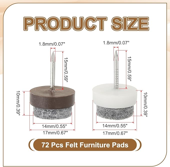 PATIKIL 17 mm Nail-on Felt Pads, 72 Pcs Round Felt Furniture Sliders Pads Heavy Duty Floor Protectors for Wooden Chair Sofa Cabinet Table Leg Feet Hardwood Floors, Black/Brown/White - Image 2