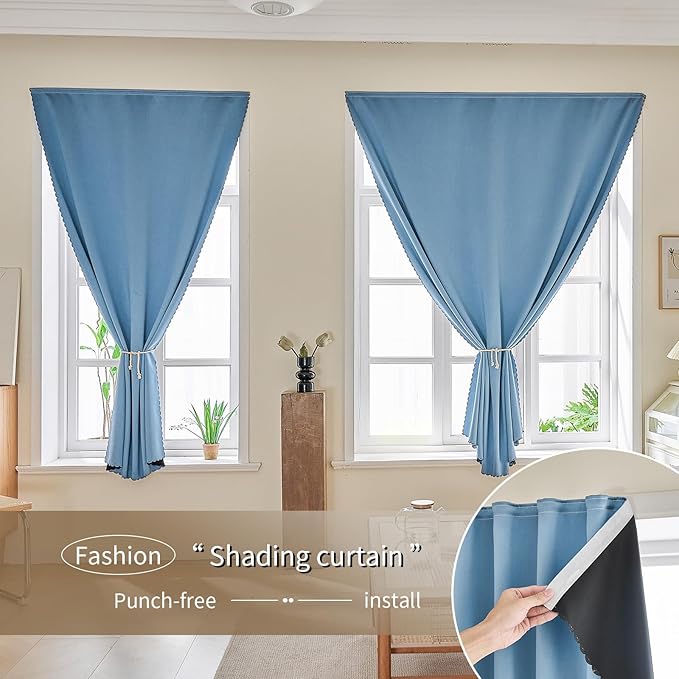 Magic Tape Stick on Portable Curtains for Windows,Bedroom Blackout Curtains for - Thermal Lnsulated No Drill Curtains Room Darkening Black Small Drapes(1 Panels,35Wx63L inch-Sky Blue) - Image 9