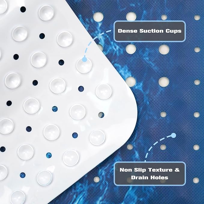 Seawater Bathtub Mat Non Slip, Ocean Waves Bath Tub Mat Baby Bath Mats for Bathroom Anti Slip Shower Mats for Inside Shower, Underwater Bathmat with Suction and Drain Holes Machine Washable, 40″x16″ - Image 4