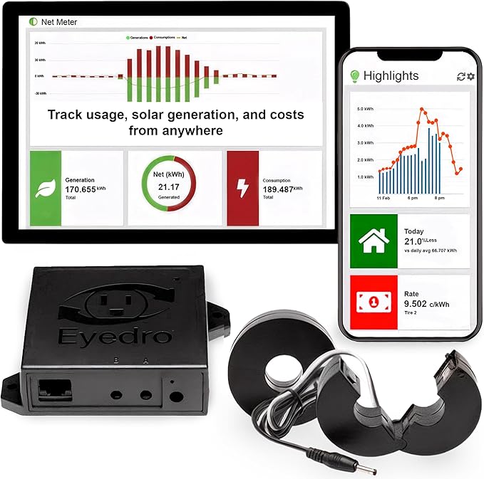 Eyedro Home Energy Monitor – Real-Time Electricity Usage Monitor with Solar Net Metering – Whole House Power Consumption Monitor – WiFi/Ethernet Smart Energy Meter with Reports & History, 2 Sensors by Eyedro