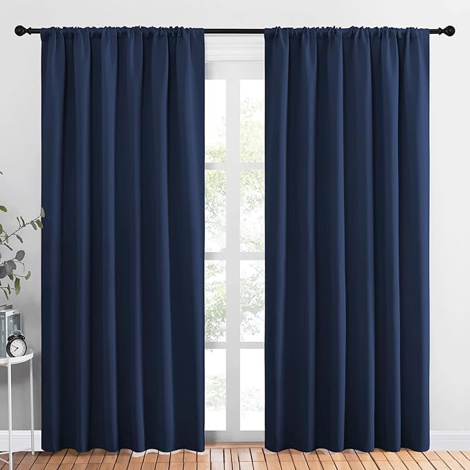 NICETOWN Living Room Curtains, Blackout Draperies, Home Decorations Thermal Insulated Solid Rod Pocket Blackout Drapes for Cafe (Navy, One Pair, 70 x 84-inch) by NICETOWN