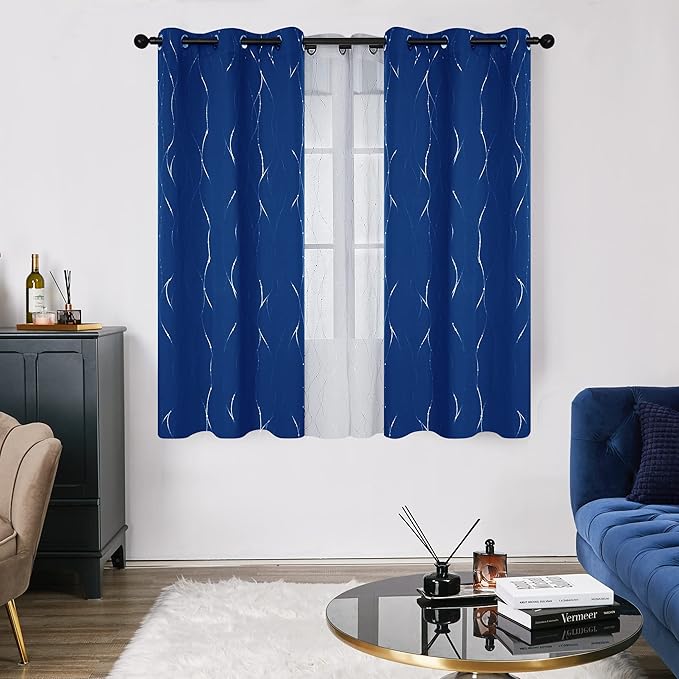 Deconovo Blackout Curtains, 38 x 36 Inch Drapes for Kitchen with Wave Dots Silver Print, Soundproof Thermal Insulated Window Curtain for Small Windows Nursery, Set of 2, Machine Washable, Royal Blue - Image 2