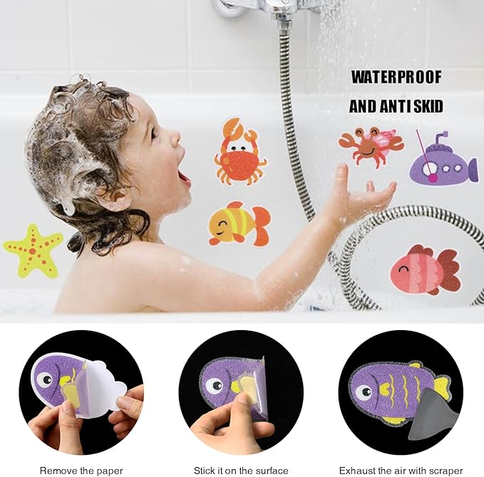 Non Slip Bathtub Stickers, 20pcs Submarine Sea Creature Adhesive Kids Anti Slip Decal Treads for Shower and Bath Tub with Premium Scraper - Image 5