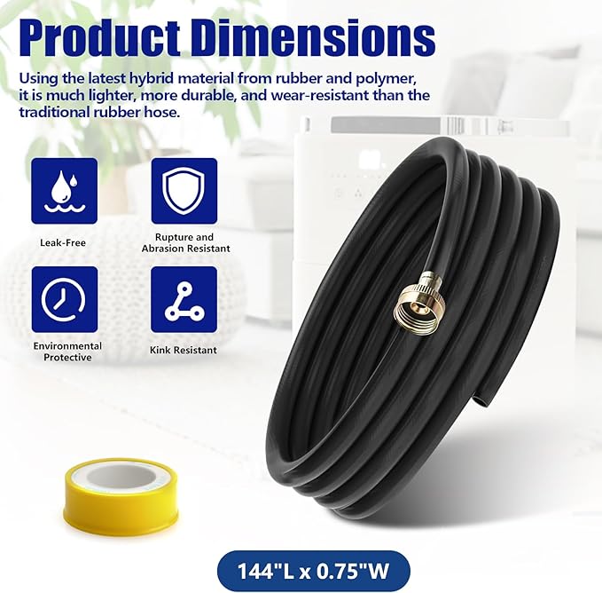 Dehumidifier Drain Hose 3/4 Inch FHT, 12 Foot, with Premium Brass Connectors to Prevent Water Leakage, 18FFDHMH01 Drain Hose Compatible with Most Brands of Dehumidifiers - Image 2