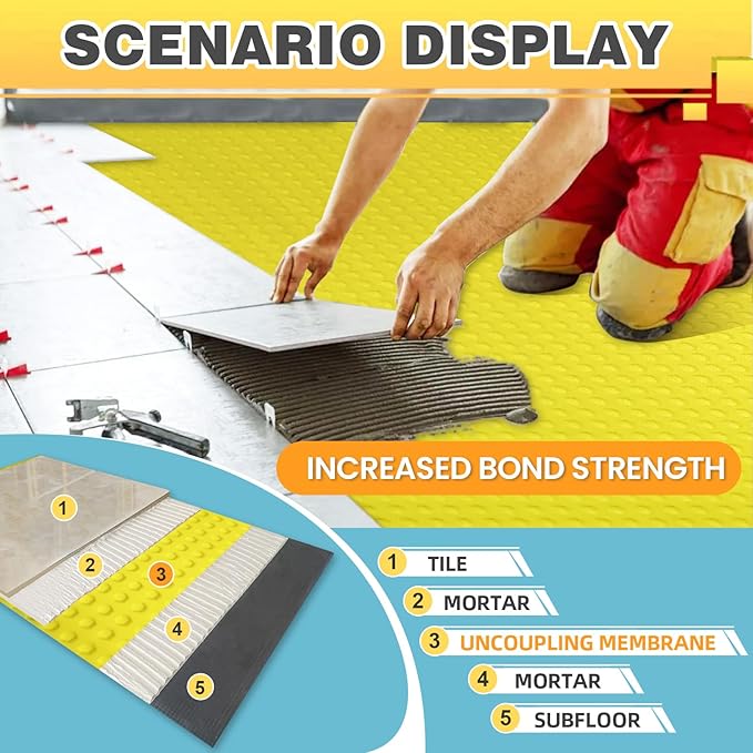 MAXKOSKO 108 Sq.Ft. Uncoupling Membrane for Tile, 1/8''(3mm) Thick Waterproof Heated Flooring Underlayment Mat Tile Crack Prevention for Bathroom Shower Kitchen Basement - Image 3