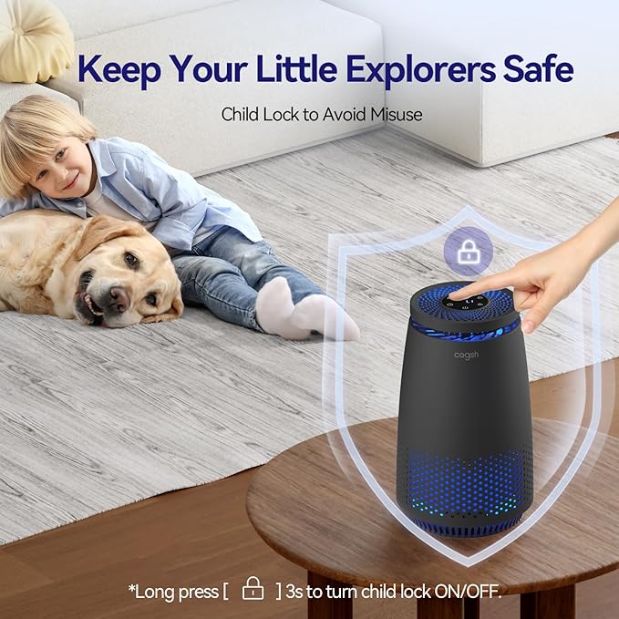 Air Purifiers for Home Bedroom, 3-in-1 HEPA Filter for Pets Dander Dust Pollen Smoke Odors, Quiet Air Cleaner with Sleep Mode, 12H Timer, Night Light, Aromatherapy, Safety Lock, Black - Image 6