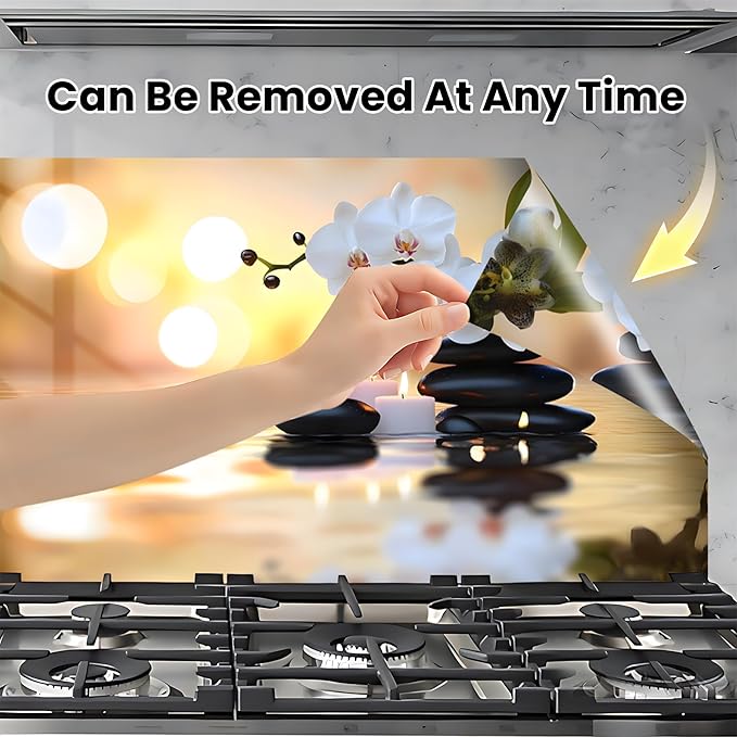 NYZE Kitchen Backsplash Stickers Waterproof Stove Backsplash Protector, 30 X 16 inch Removable Kitchen Wallpaper with Wall Art Decor for Stove Cooking Area(Orchid & Stacked Stones) - Image 4