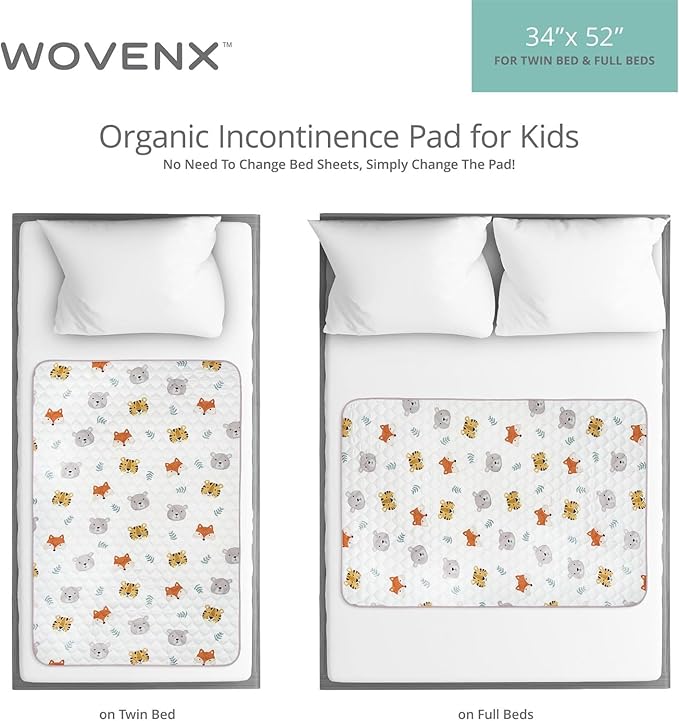 Organic Incontinence Pads for Kids & Toddlers - 5 Layer Waterproof Protectors for Overnight Bed Wetting - Reusable & Washable Pee Pads - Fits Twin to Full Size Beds - 34" x 52" Tiger Bear Fox - Image 4