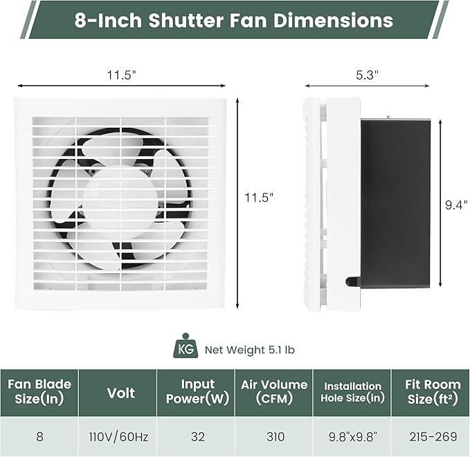 8" Shutter Exhaust Fan, 310CFM Window or Wall Mount Ventilation Fan for Greenhouse, Attic, Garage, Bathroom, Kitchen - Image 2