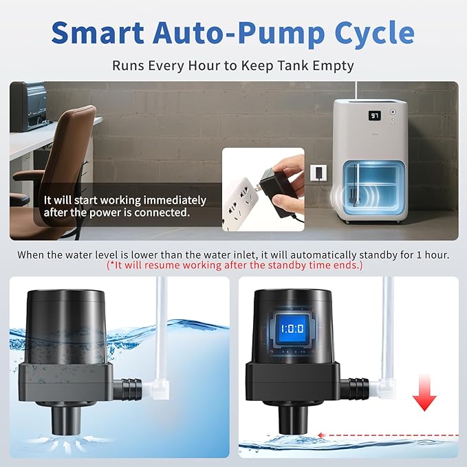 Upgraded Smart Automatic Small Water Pump for Dehumidifier, 15FT Drain Lift, Large Volume, Low Noise, Perfect for Basement Use, Compatible with Most Portable Dehumidifiers - Image 6