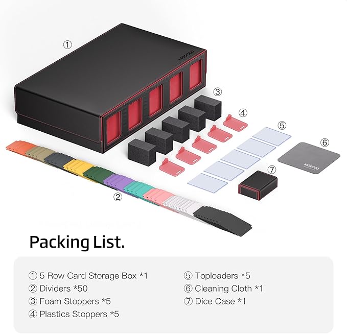 Trading Card Storage Box 5-Row 3900+ Capacity,TCG MTG Card Case with Magnetic Lid & Commander Display,Top Loader Storage for Sports Cards,Includes Dividers Dice Box（Black＆Red） - Image 7