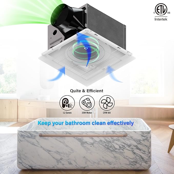 Ventilation Fan With Grille for Bathroom and Home, 100CFM, 25W Ceiling Mount Shower Exhaust Fan, 120V, White, Wet Rated, ETL Certified - Image 3