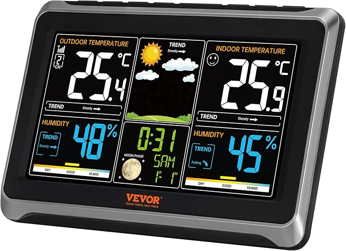 VEVOR Weather Station Indoor Outdoor, 7.5 in Color Display, Wireless Digital Home Weather Station, with Sensor Atomic Clock Adjustable Backlight Forecast Data Calendar Alarm Alert Temperature-NO WiFi - Image 9