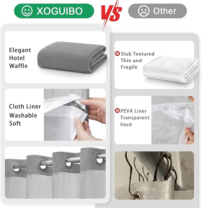 No Hook Shower Curtain and Liner Set,Grey Hotel Waffle Shower Curtain with Liner 75" L x 78" W - Image 5