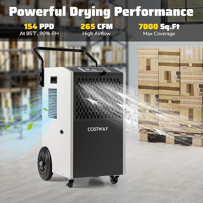 COSTWAY 154 Pints Commercial Dehumidifier with Pump, Portable Industrial Heavy Duty Large Dehumidifier with Drain Hoses for Basements, Job Sites (White) - Image 3