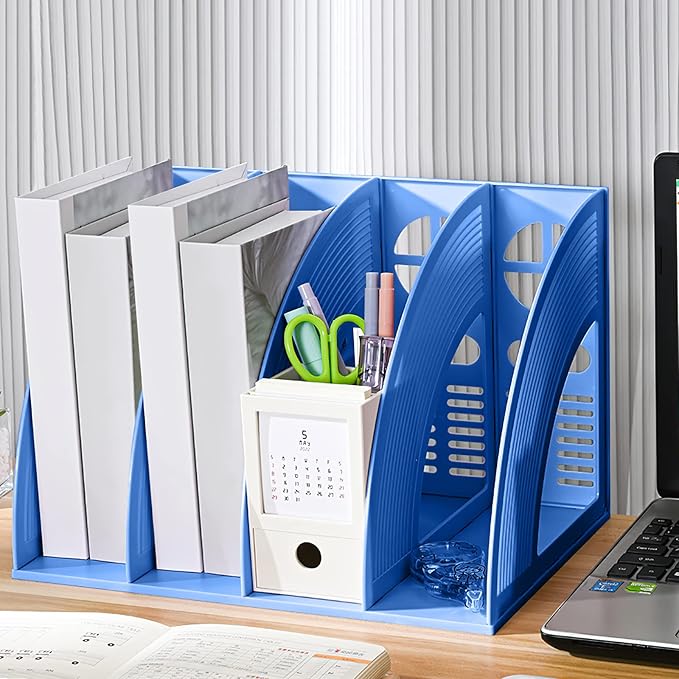 Marte Vanci Magazine File Holder Vertical PP Folder Book Desktop Organizer Plastic Storage Sturdy Vertical 4 Section Folder (Blue) - Image 6