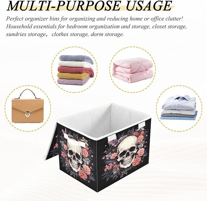 xigua Skull Storage Bins with Lids and Carrying Handle,Foldable Storage Boxes Organizer Containers Baskets Cube with Cover for Home Bedroom Closet Office - Image 7