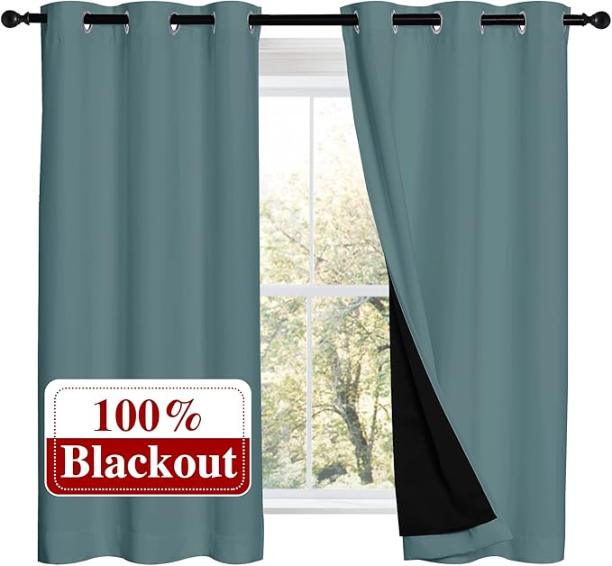 NICETOWN 100% Blackout Curtains 54 inches Long, Double-Deck Completely Blackout Window Treatment Thermal Insulated Lined Drapes for Small Window (Aqua, 1 Pair, 42 inches Width Each Panel) by NICETOWN