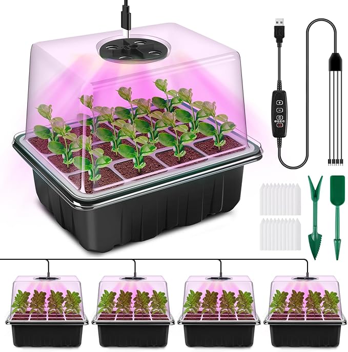YAUNGEL Seed Starter Tray with Grow Light, 4 Pack Seed Starter Kit with Timing Controller Adjustable Brightness, Thicken Seedling Starter Trays with Humidity Domes Heightened Lids, Black by YAUNGEL
