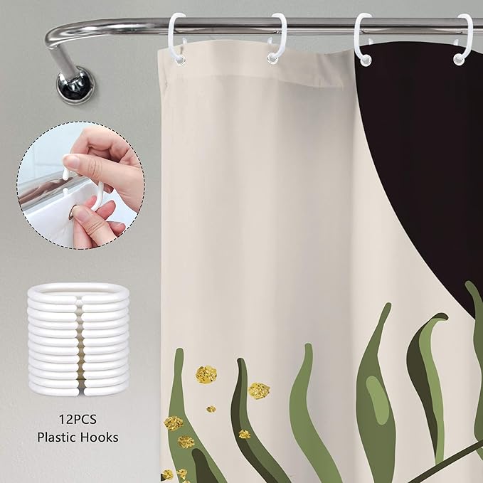 Dark Green Boho Shower Curtain 72Wx84H Extra Long Black Green Modern Bohemian Abstract Plant Leaves Bathroom Decor Minimalist Geometric Neutral Bath Curtain Fabric Polyester 12 Pack Hooks - Image 5