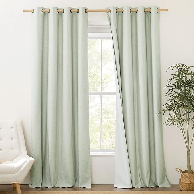 NICETOWN 100% Absolutely Blackout Linen Curtains with Thermal Insulated White Liner, Sage Green, W52, 2 Pieces, Noise Reducing Textured Linen Look Curtains for Windows 92 inch Length for Classroom by NICETOWN