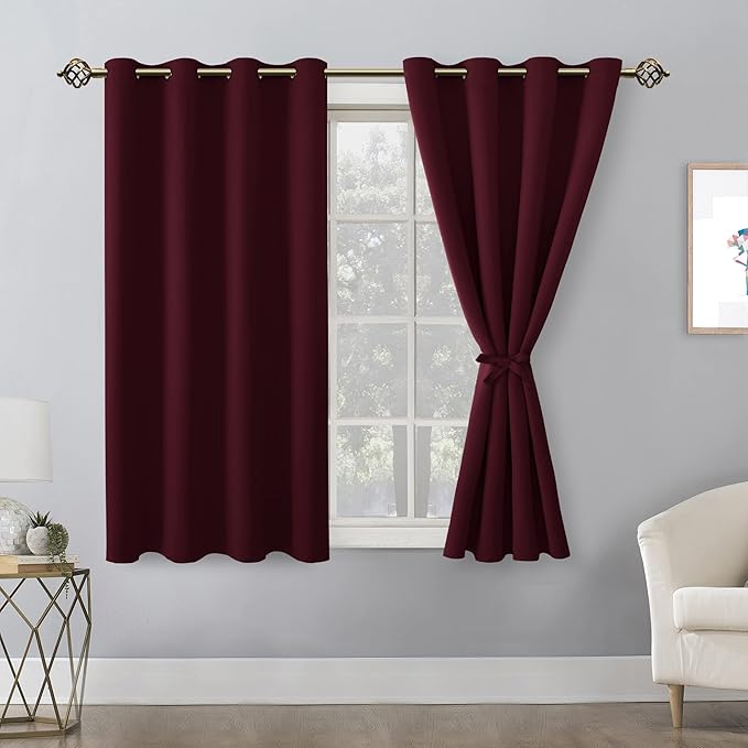 Hiasan Blackout Curtains for Bedroom - Thermal Insulated & Light Blocking Window Curtains for Living Room/Kids Room Christmas Decor, 2 Drape Panels Sewn with Tiebacks, Burgundy, 52 x 45 Inch - Image 2