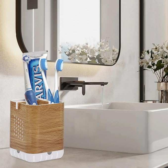 Boperzi Toothbrush Holders for Bathrooms Organizer Countertop, Detachable Anti-Slip Electric Toothbrush Holders for Kids, Toothbrush and Toothpaste Holder Storage Caddy Drainage for Shower Wood Grain - Image 4