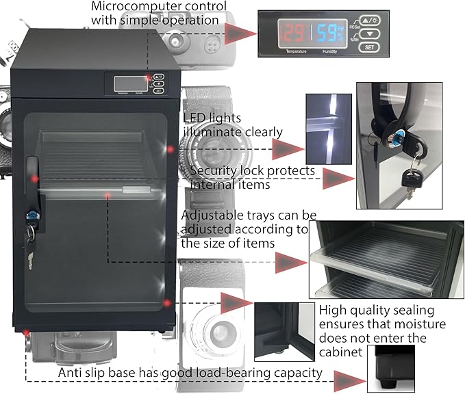 Modern 30L Camera Storage Box, Electronic Dry Cabinet, Digital Control Dehumidify, 2-Tier Camera Storage, Temperature Humidity LED Display - Image 6