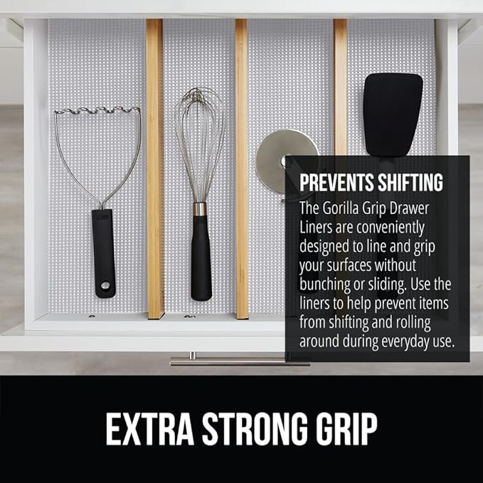 GORILLA GRIP powerGRIP Drawer Shelf and Cabinet Liner, Thick Strong Hold, Non-Adhesive Liners Protect Kitchen Cabinets and Cupboard, Bathroom Drawers, Easy Install, Breathable Mat, 12" x10' Light Gray - Image 3